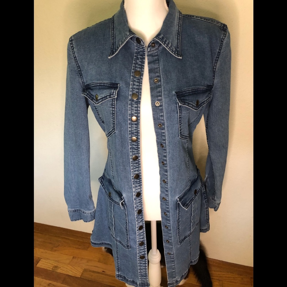 Denim stretch duster snap front